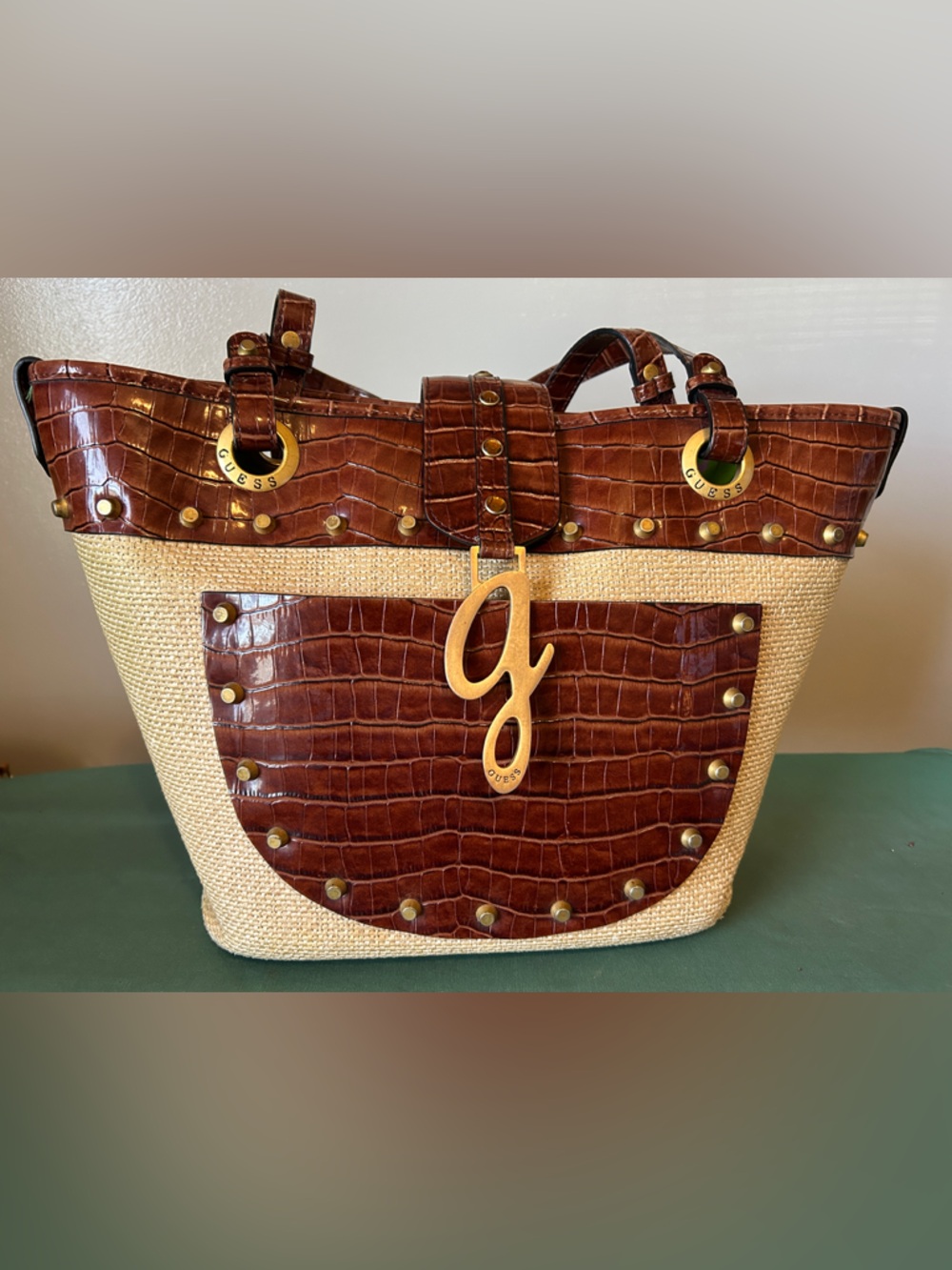 Guess Brown Croc-Trim Straw Tote with Gold Logo
